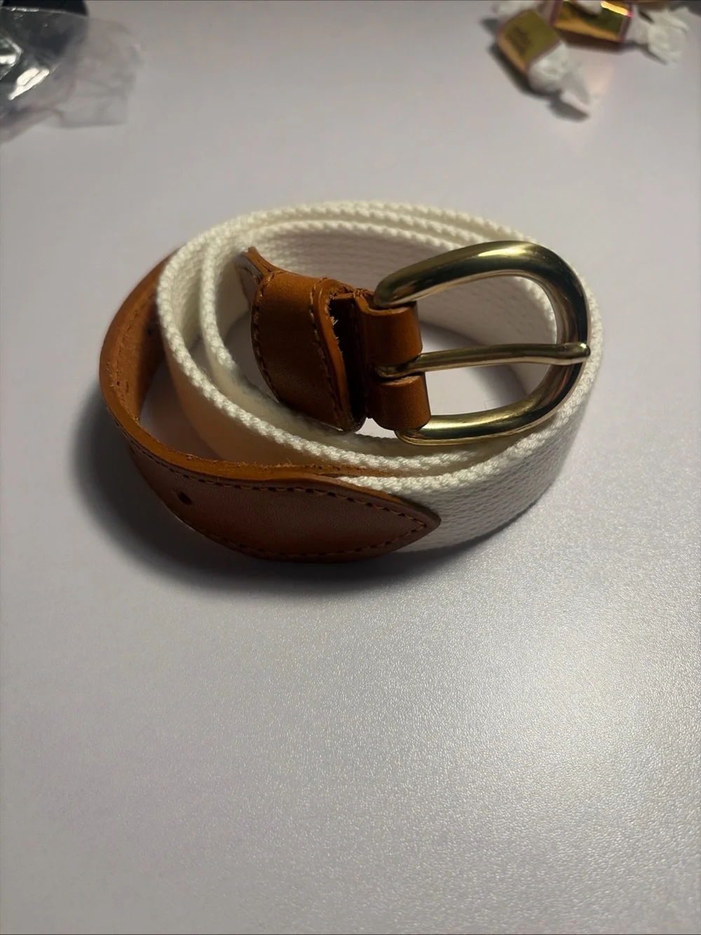 Belt Charter Club White Canvas Belt with Brown Leather and Gold Buckle